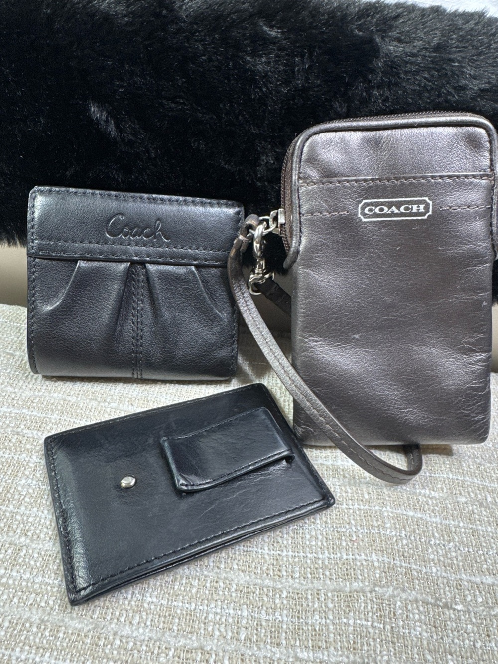 Coach Black and Dark Brown Leather Wristlet Phone Pouch with Black Card Wallets